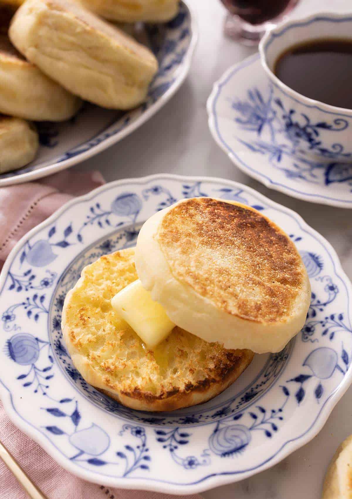 Toasted English muffins with butter