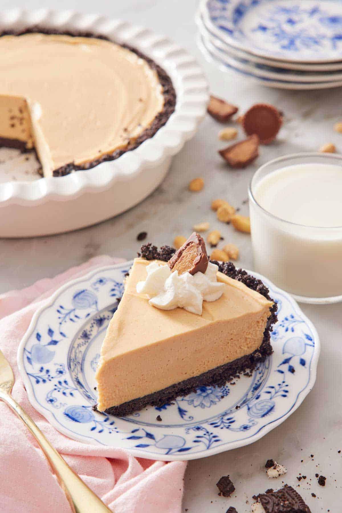 ingredients for peanut butter pie arranged on a kitchen counter