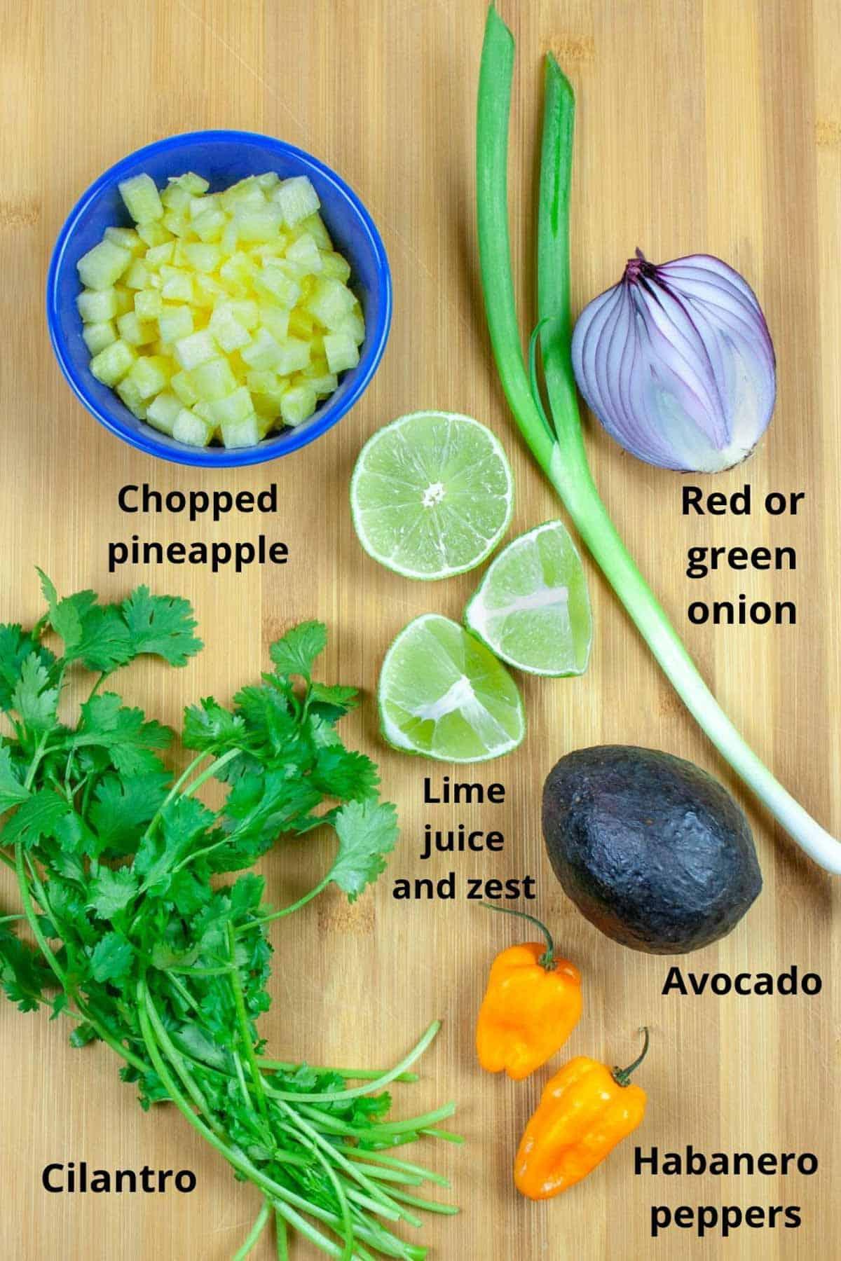 Ingredients for pineapple habanero salsa: pineapple, habanero peppers, red onion, cilantro, lime