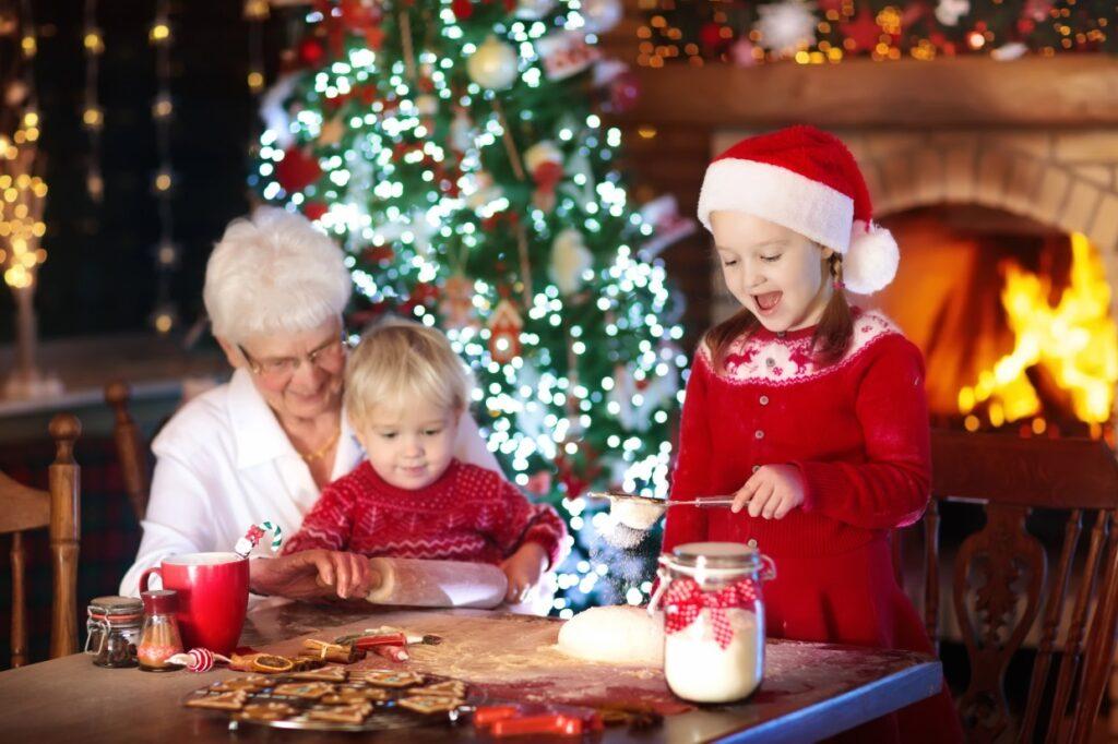 grandparent and child making peppermint bark, nostalgic holiday kitchen scene