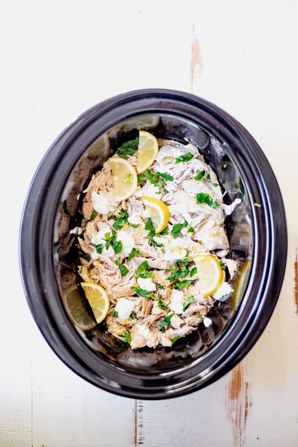 overhead shot of slow cooker lemon herb chicken and rice
