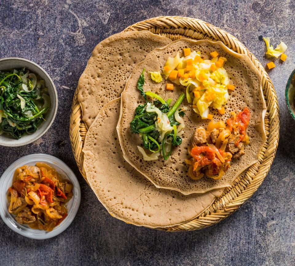 Injera with Turnip Greens close up shot