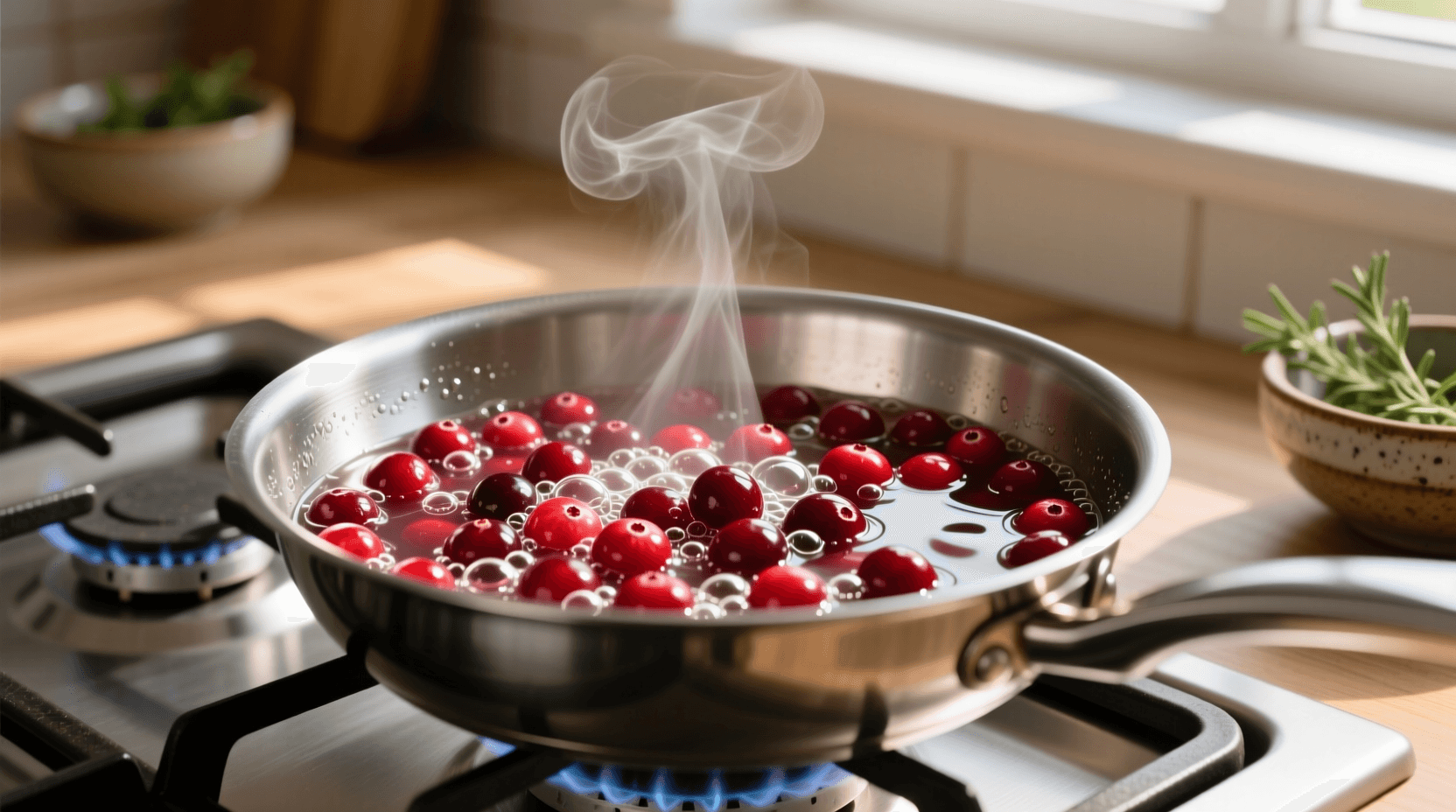 Close-up of fresh cranberries simmering in a saucepan with steam rising