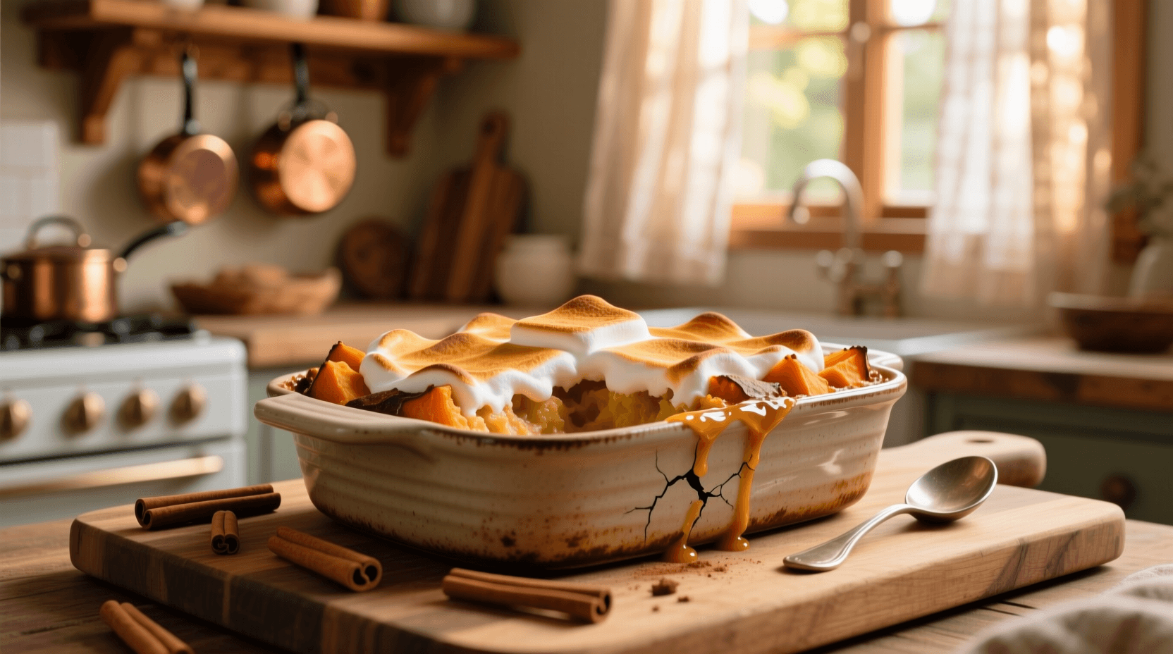 Warm, inviting kitchen scene with a partially prepared sweet potato casserole in a baking dish, a mixing bowl, and fresh sweet potatoes on the counter.