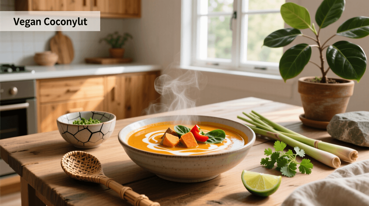 Hands holding a warm, inviting bowl of coconut curry soup on a rustic wooden table