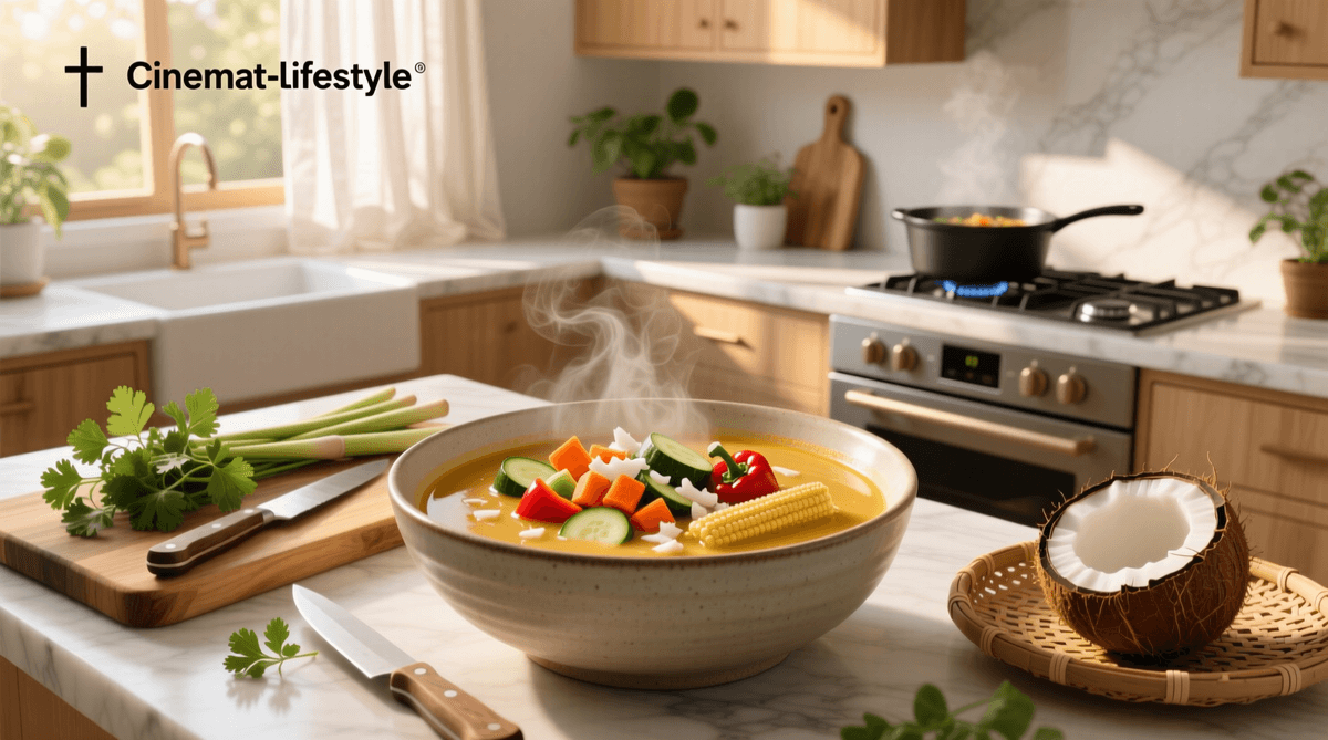Assortment of fresh vegetables and coconut milk being prepared for soup on a cutting board