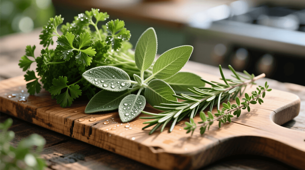 fresh rosemary, thyme, and sage sprigs on a wooden cutting board
