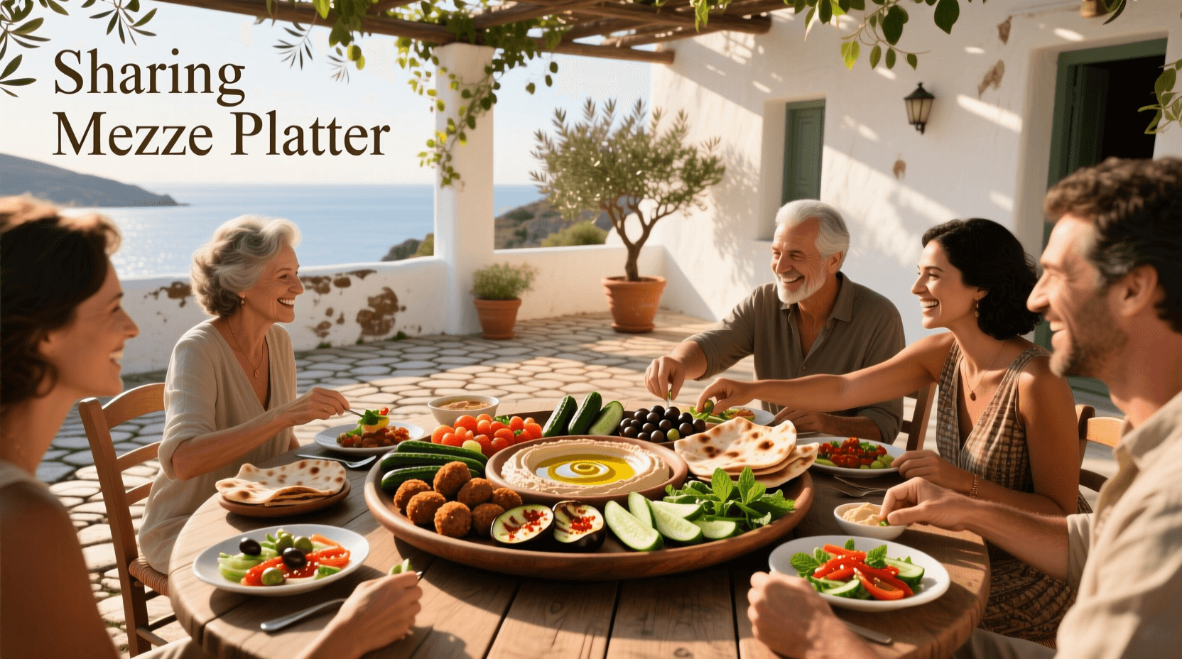 Mediterranean mezze board surrounded by smiling people enjoying food and conversation