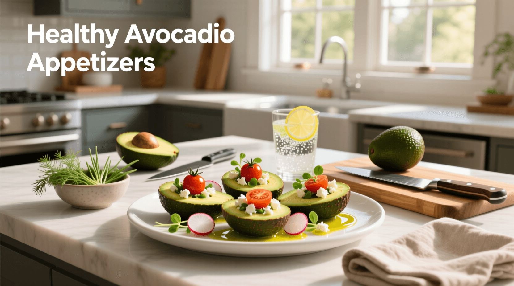 person assembling a fresh avocado dinner plate with various toppings