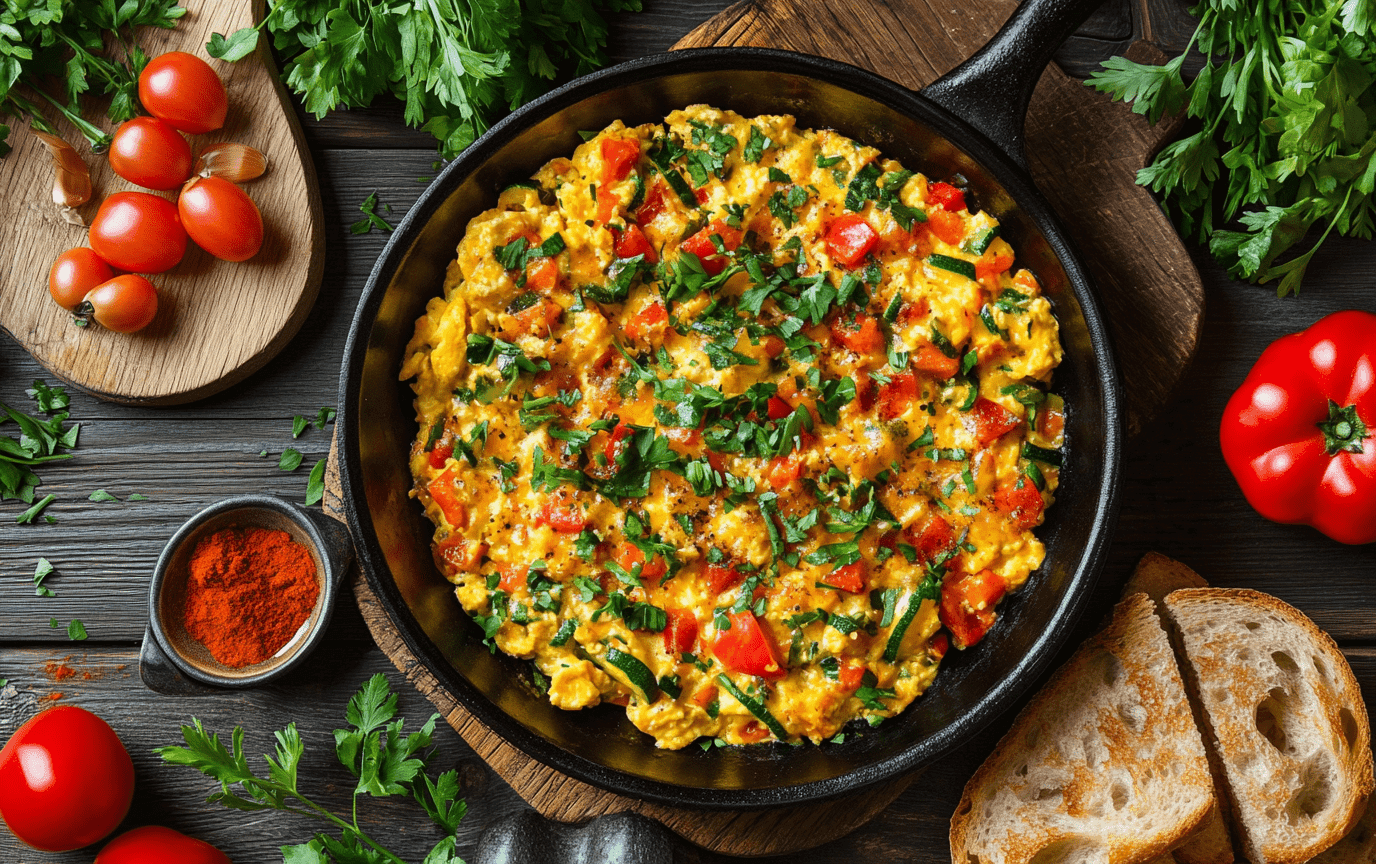Vibrant breakfast egg skillet with fresh vegetables and herbs, morning light