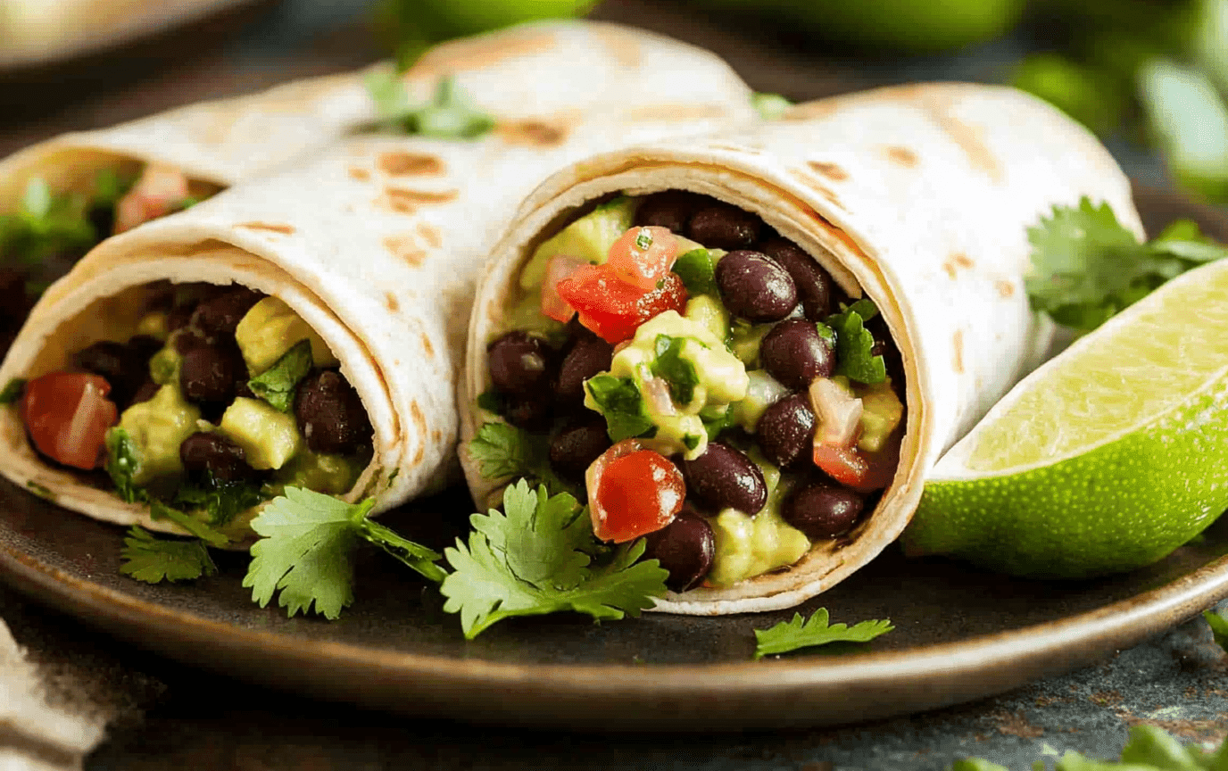 Avocado wrap with black beans, corn, and a vibrant green sauce on a wooden surface, cut in half to show the filling.