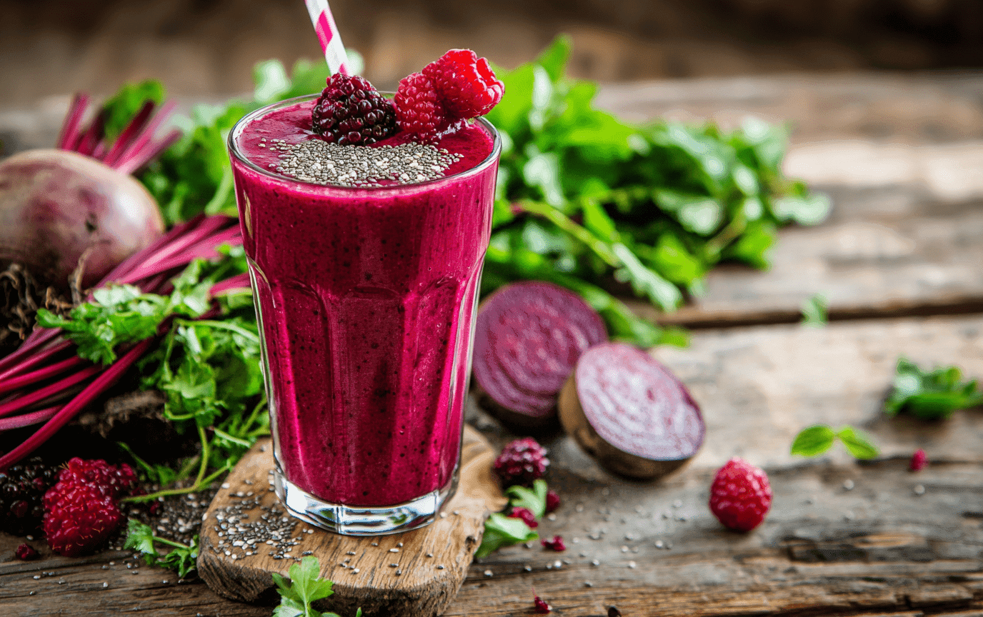 Vibrant purple beetroot smoothie with fresh berries and orange slices