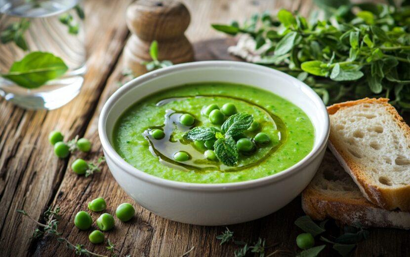 bowl of chilled sweet pea soup garnished with fresh mint