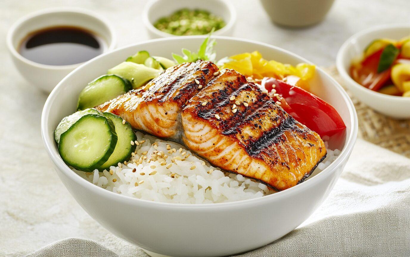 Close-up shot of a delicious and healthy gluten-free rice bowl with grilled fish and colorful vegetables.
