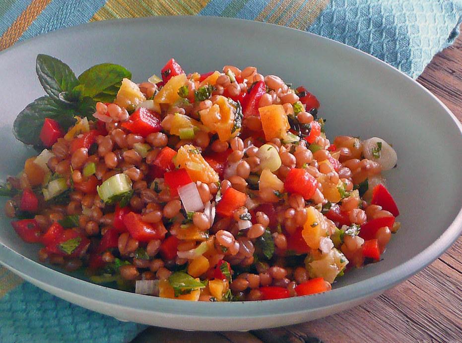 close up sprouted wheat berry salad with pomegranate seeds and apricots