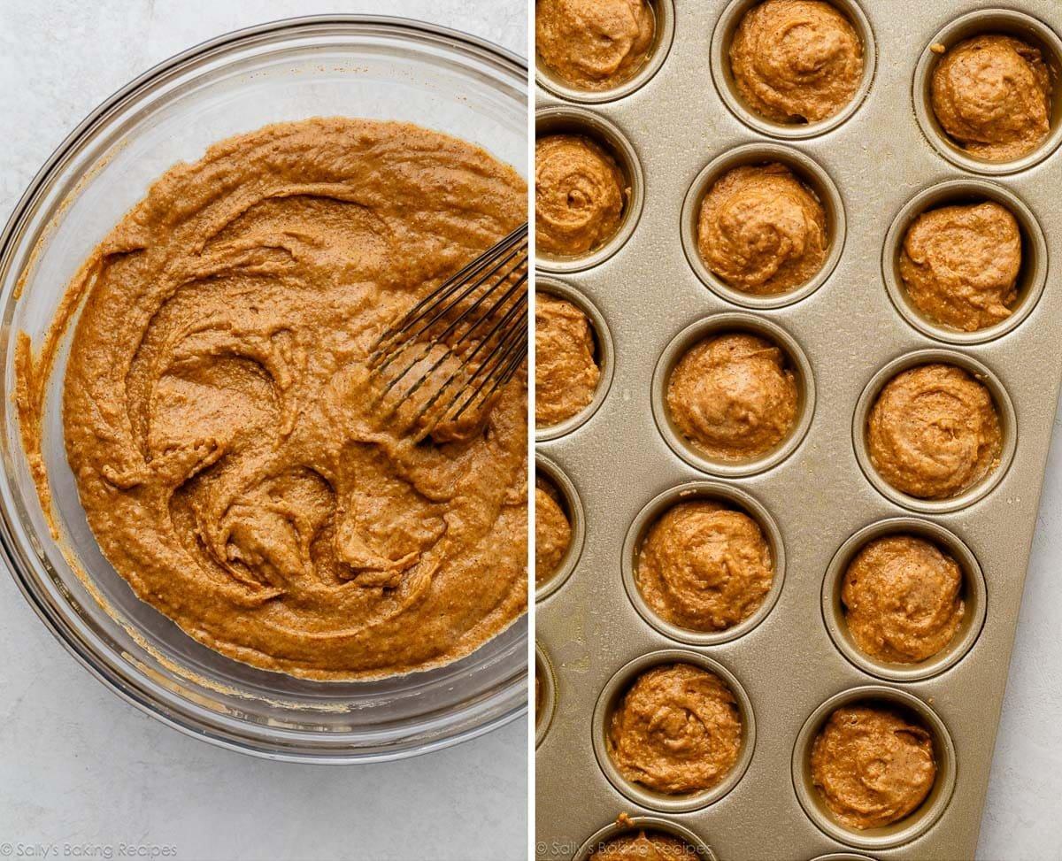 close-up of pumpkin cinnamon muffin batter being poured into muffin tin