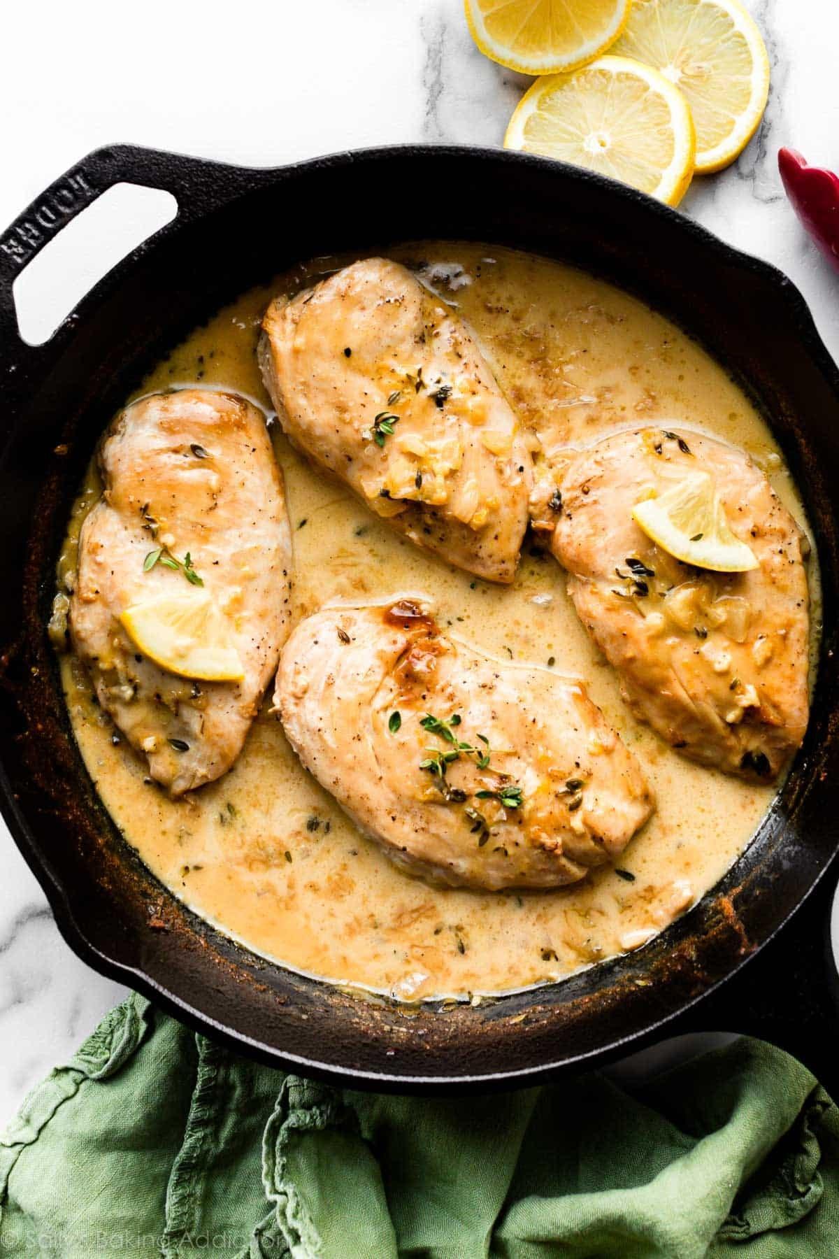 lemon thyme chicken in a skillet