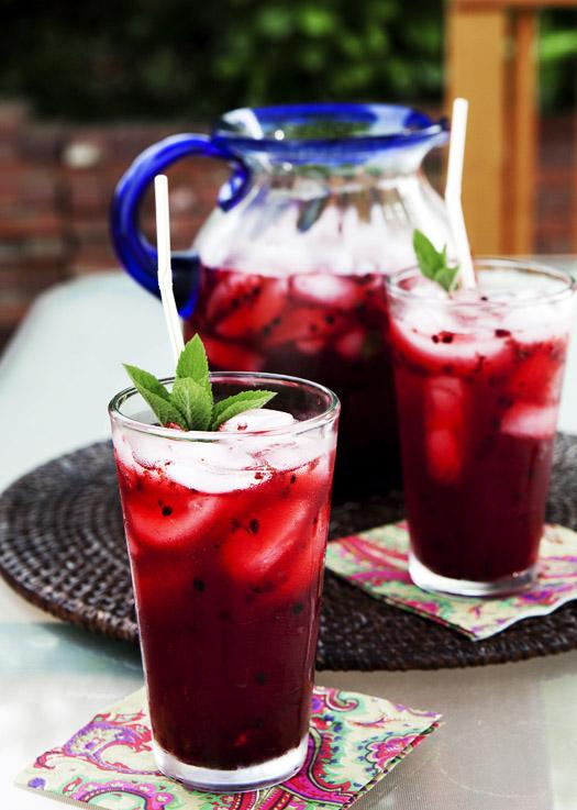 pitcher of blackberry mint lemonade