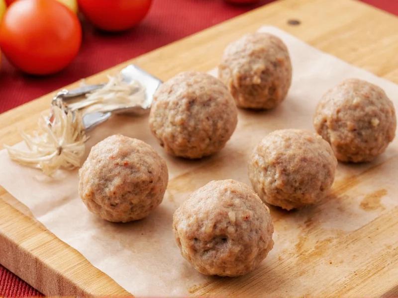 Hands rolling sausage ball mixture into uniform spheres, on a cutting board with flour