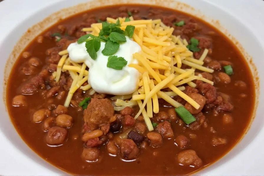 a bowl of Pioneer Woman's chili topped with cheese and sour cream