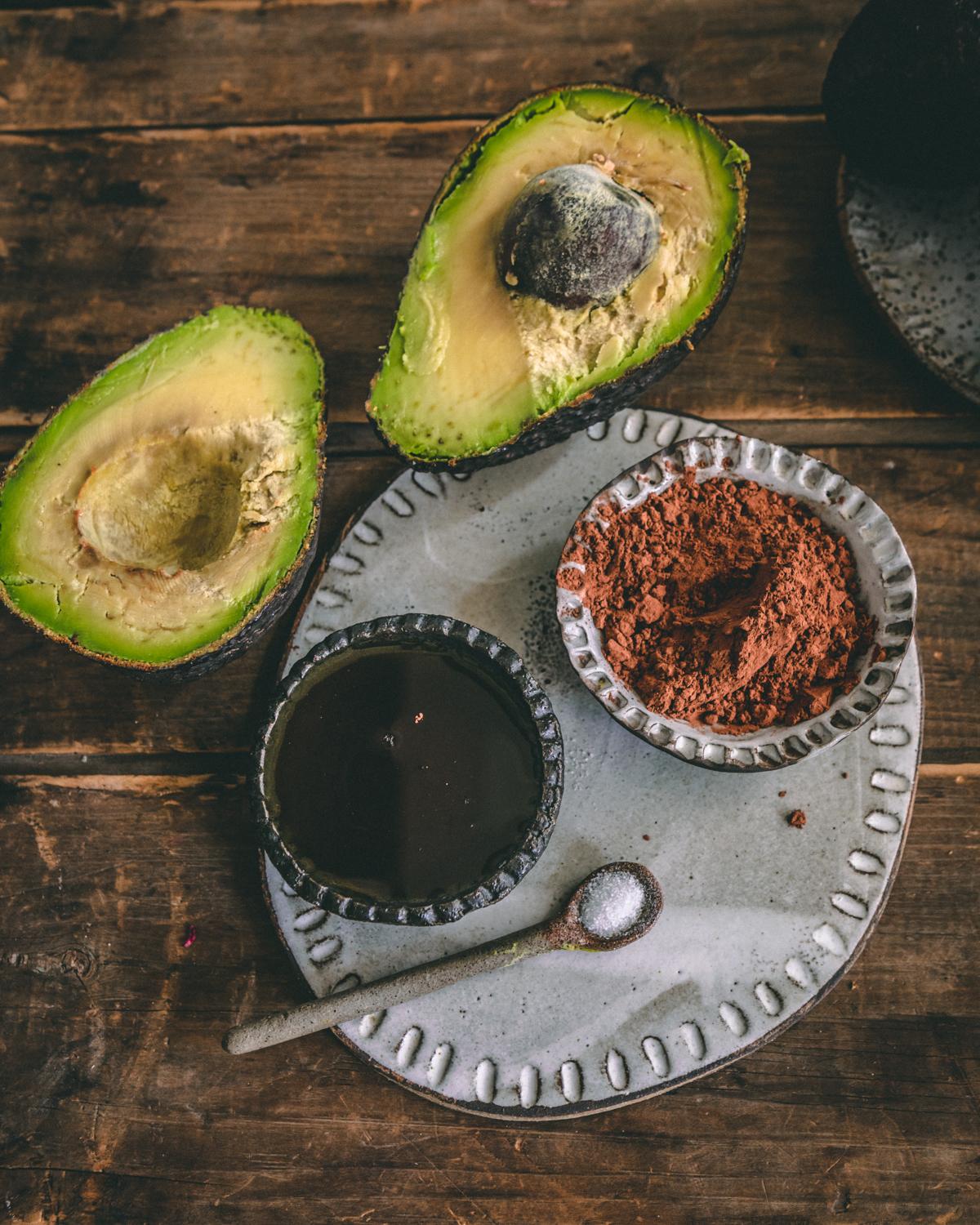 Ingredients for avocado mousse laid out on a kitchen counter