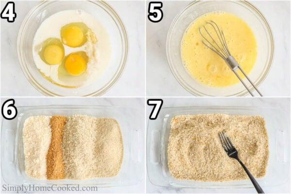 Three shallow dishes with flour, egg wash, and breadcrumb mixture