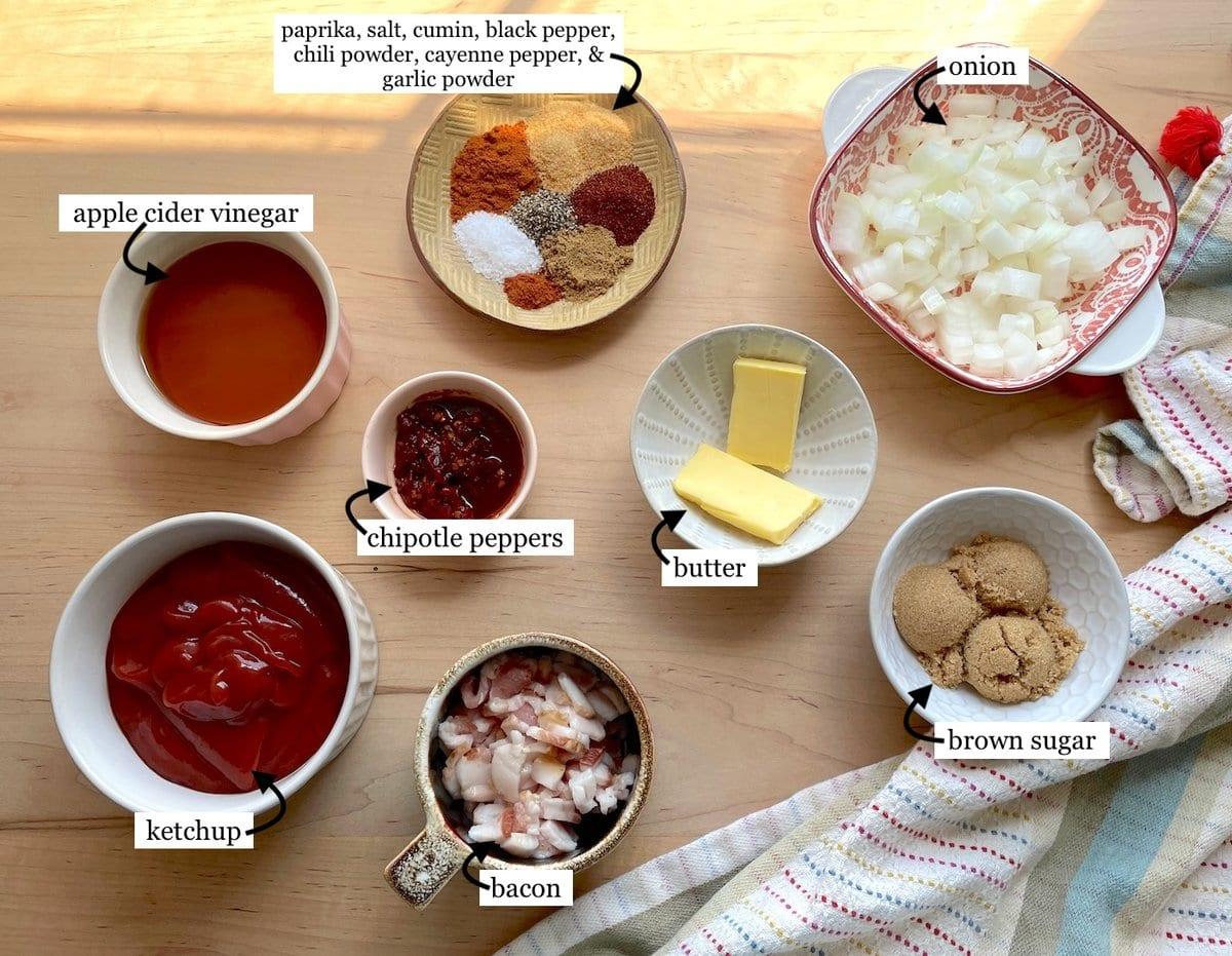 ingredients for chipotle tzatziki laid out on a wooden table