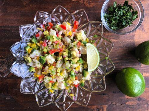 Finished Espresso Balsamic Venison Ceviche garnished with avocado and cilantro