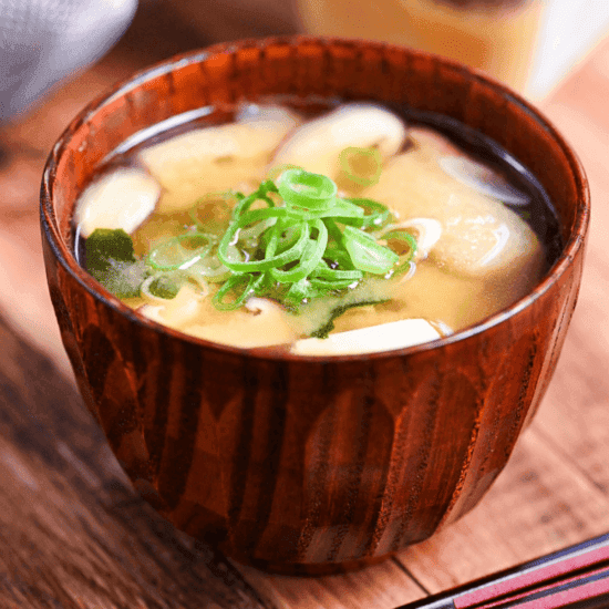 bowl of dashi-free miso soup with kombu and wakame on a wooden table