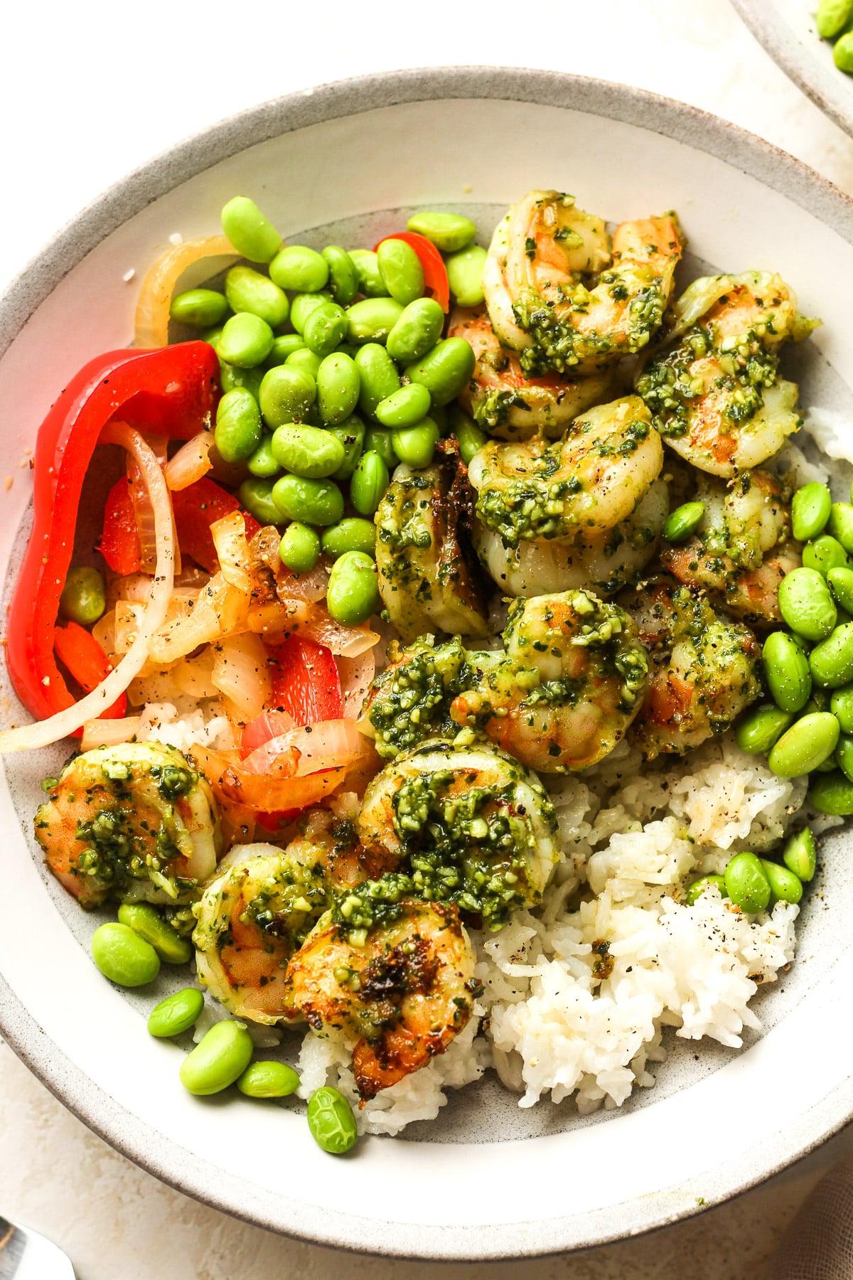 pesto shrimp protein bowl with rice and vegetables