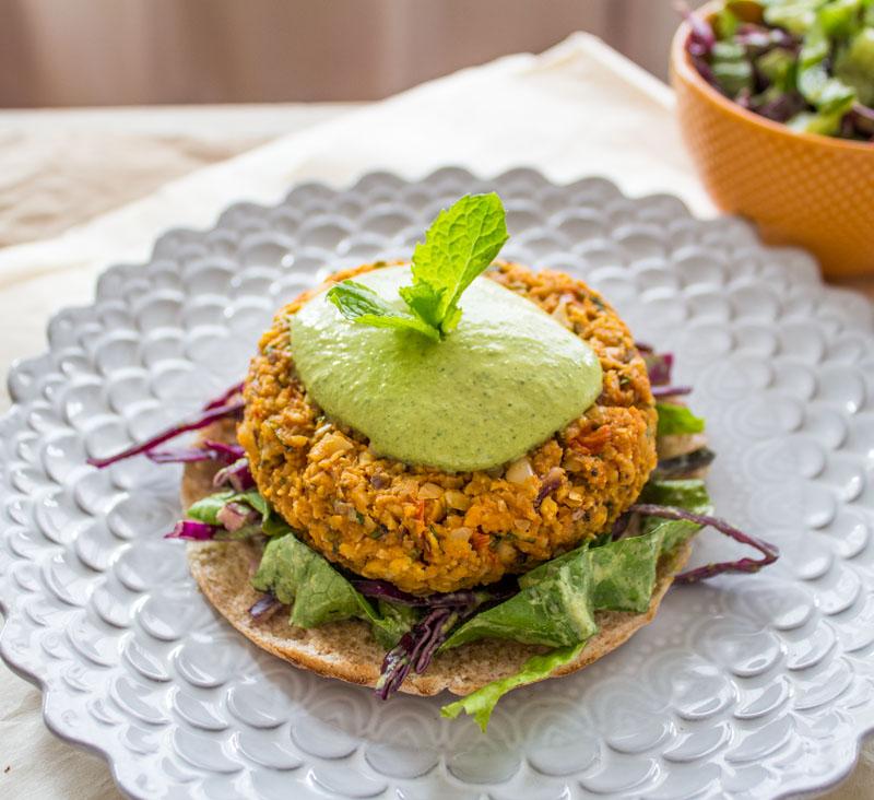sweet potato and chickpea burgers with tahini sauce