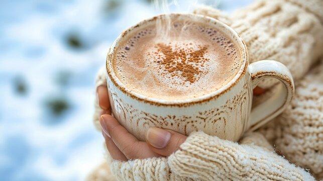 close up shot of hands holding a mug of mint hot chocolate
