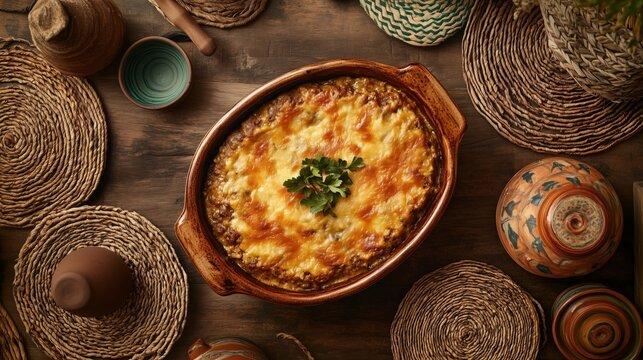 overhead view of several bobotie pot pies on a rustic wooden table