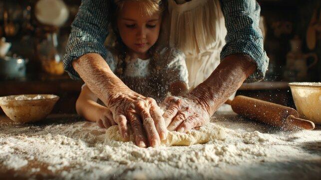 Vintage photograph of a grandmother and granddaughter baking together in a cozy kitchen, hands covered in flour.