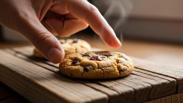 overhead shot of freshly baked chocolate chip cookies on a wooden board