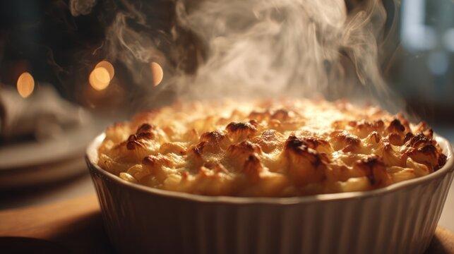Overhead shot of a golden-brown mac and cheese crust pot with steam rising, rustic kitchen setting