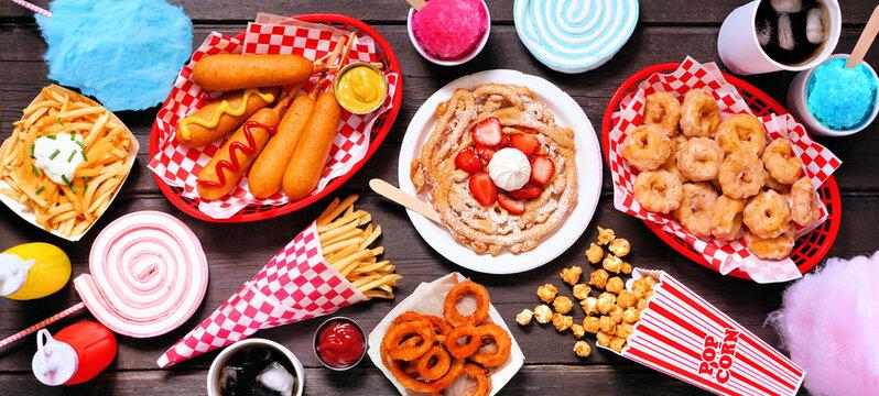 a collection of carnival food on a table