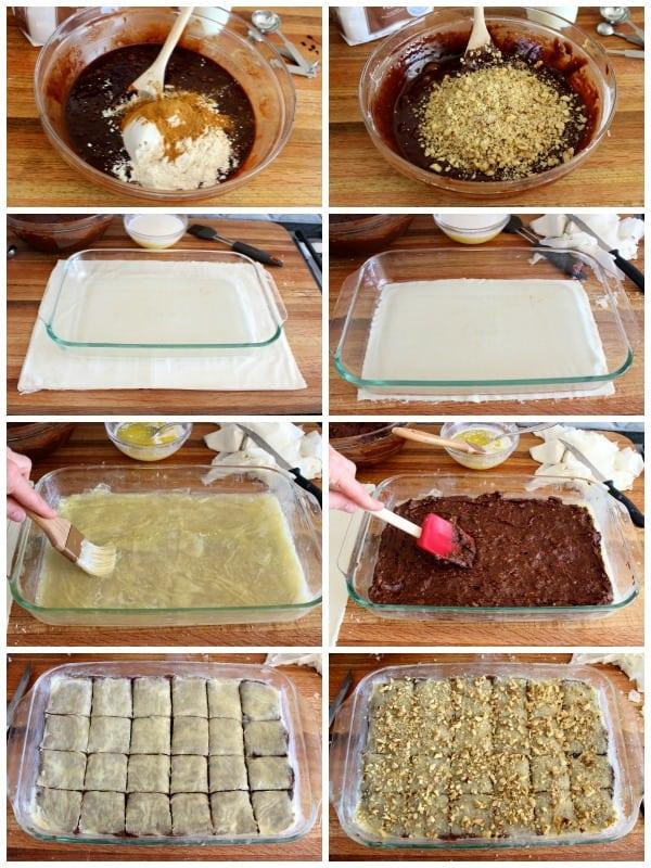 layers of phyllo dough and brownie batter being assembled in a baking pan