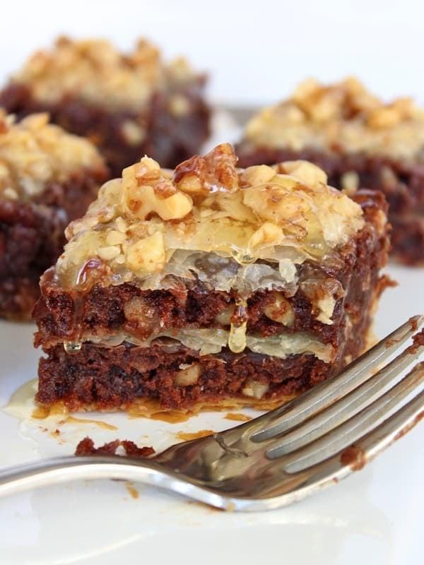 golden brown Brownie Batter Baklava, drizzled with syrup and sprinkled with nuts
