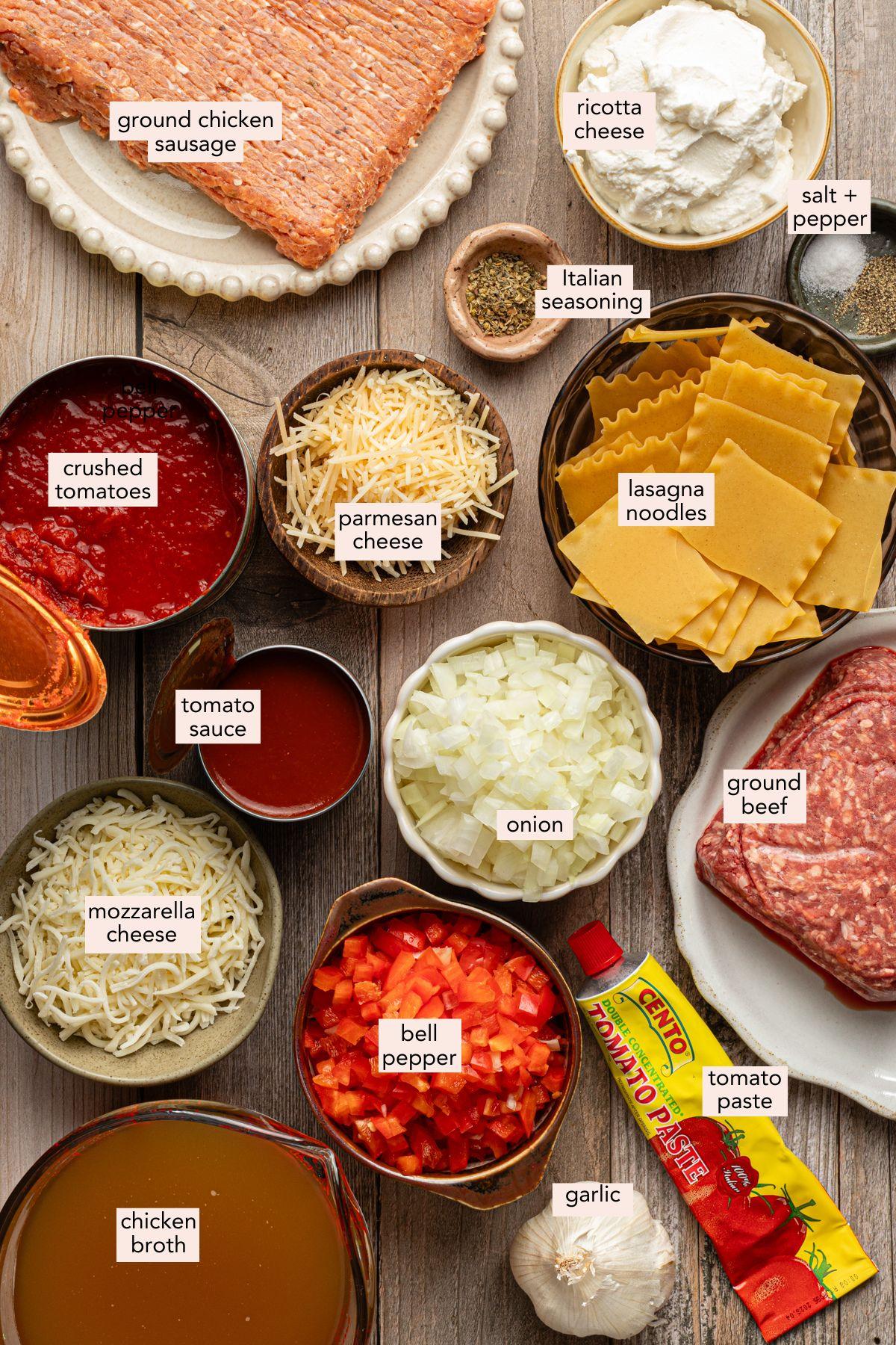ingredients for high-protein lasagna soup on a wooden table
