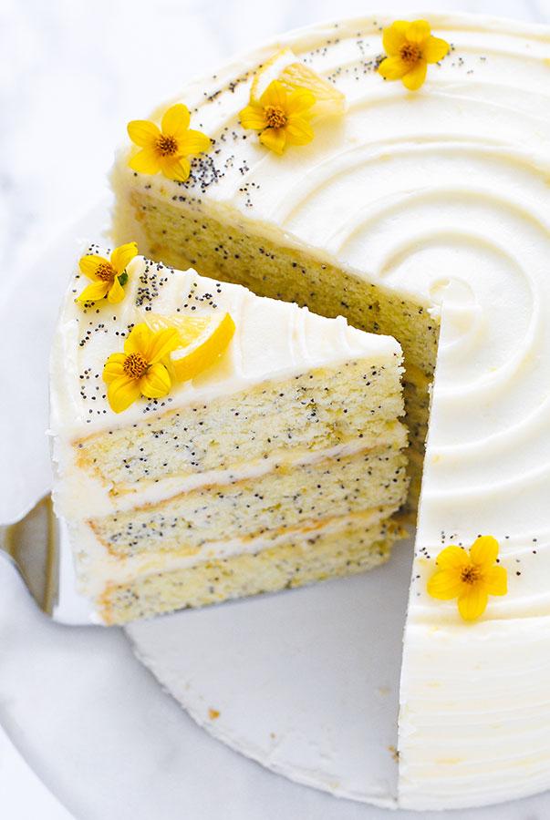 Lemon poppy seed cake with spring flowers