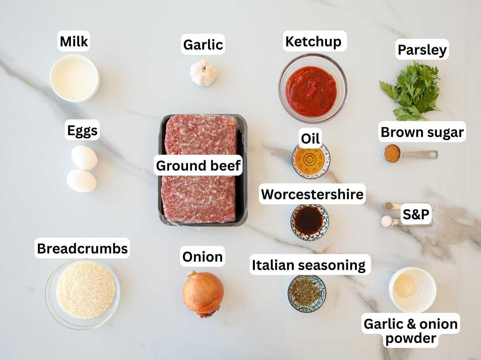 ingredients for meatloaf on a kitchen counter