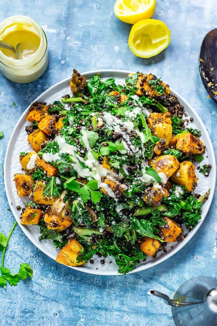 Overhead shot of a vibrant sweet potato and quinoa bowl