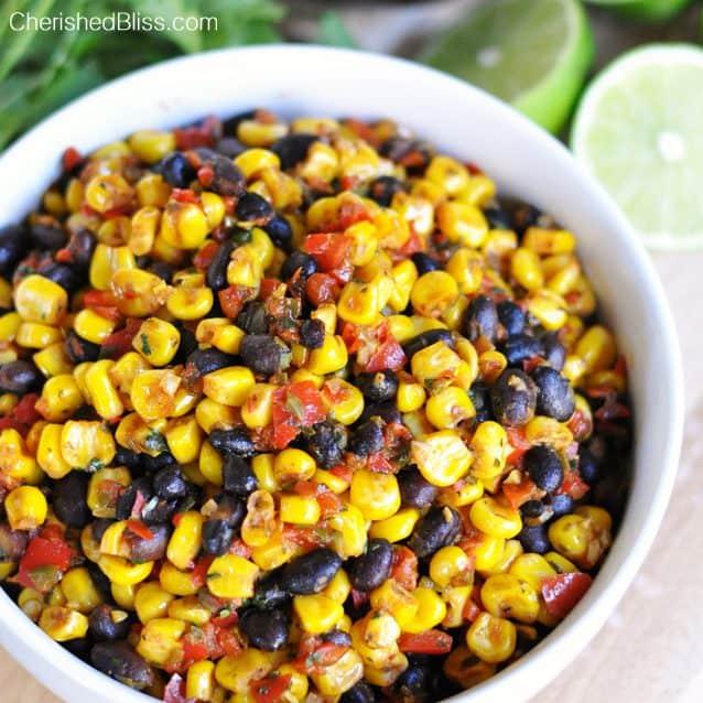 Close-up shot of warm roti with vibrant black bean and corn salsa