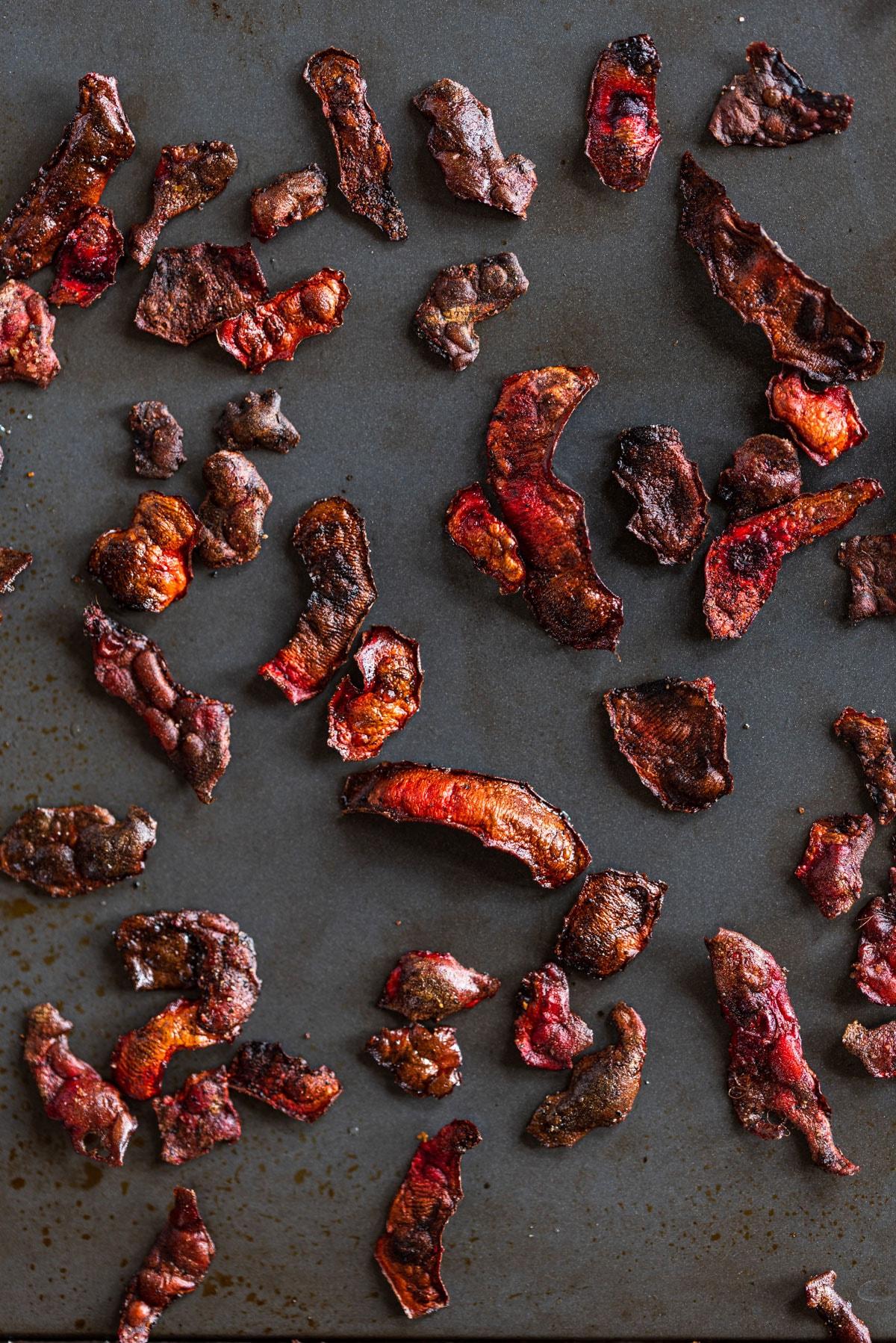 close up of beet peels being prepped for making chips
