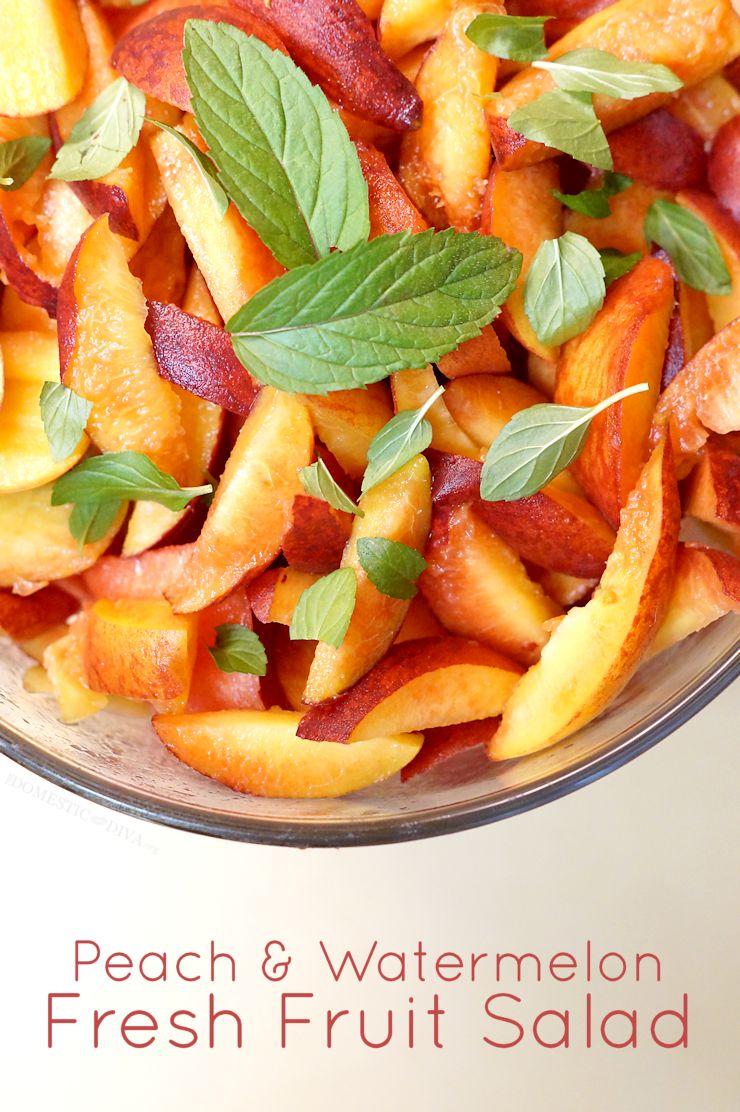 close up of watermelon peach and mint salad in clear bowl