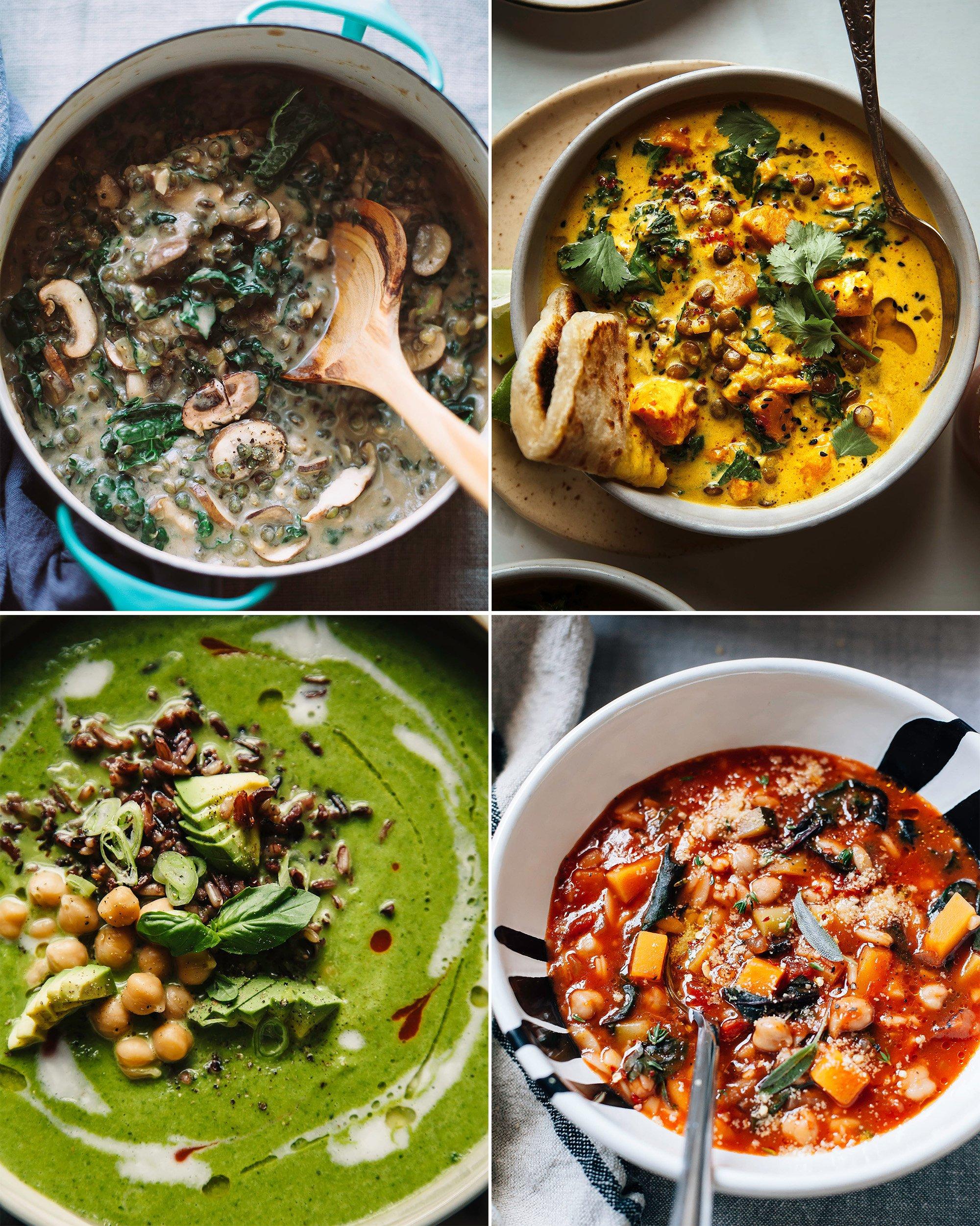 three bowls of different vegan soup recipes