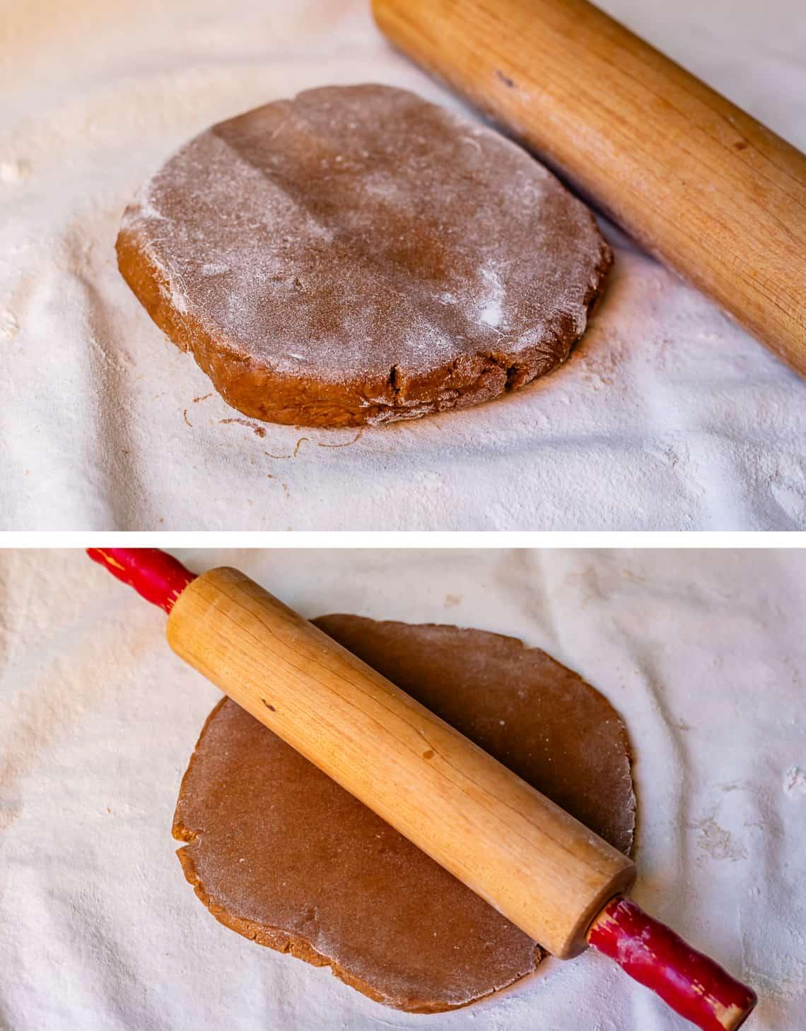 close-up of raw gingerbread cookie dough being rolled out on a floured surface