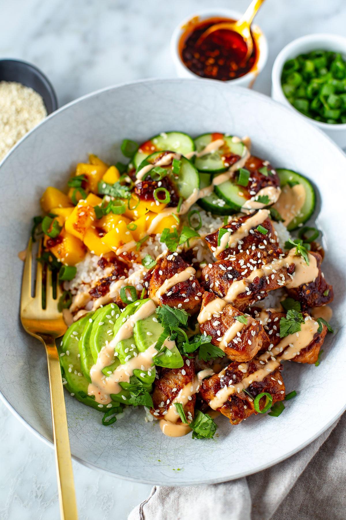 Arbol chili salmon protein bowl close-up shot