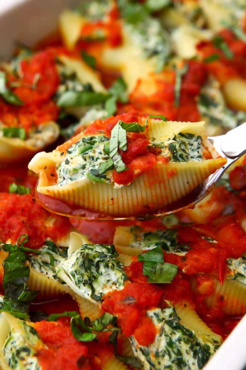 Tofu and Spinach Stuffed Shells in a baking dish